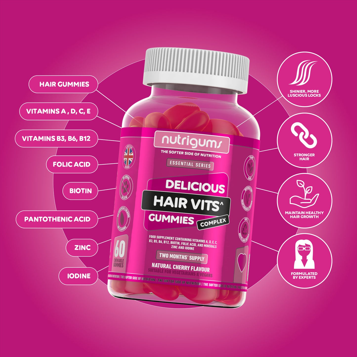 Hair Vits Biotin Complex Cherry Flavour - 60 Vegan Gummies