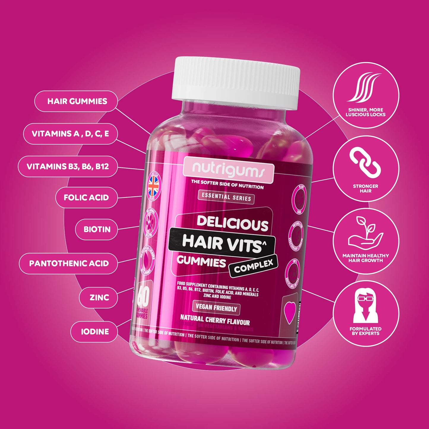 Hair Vits Biotin Complex Cherry Flavour - 60 Vegan Gummies