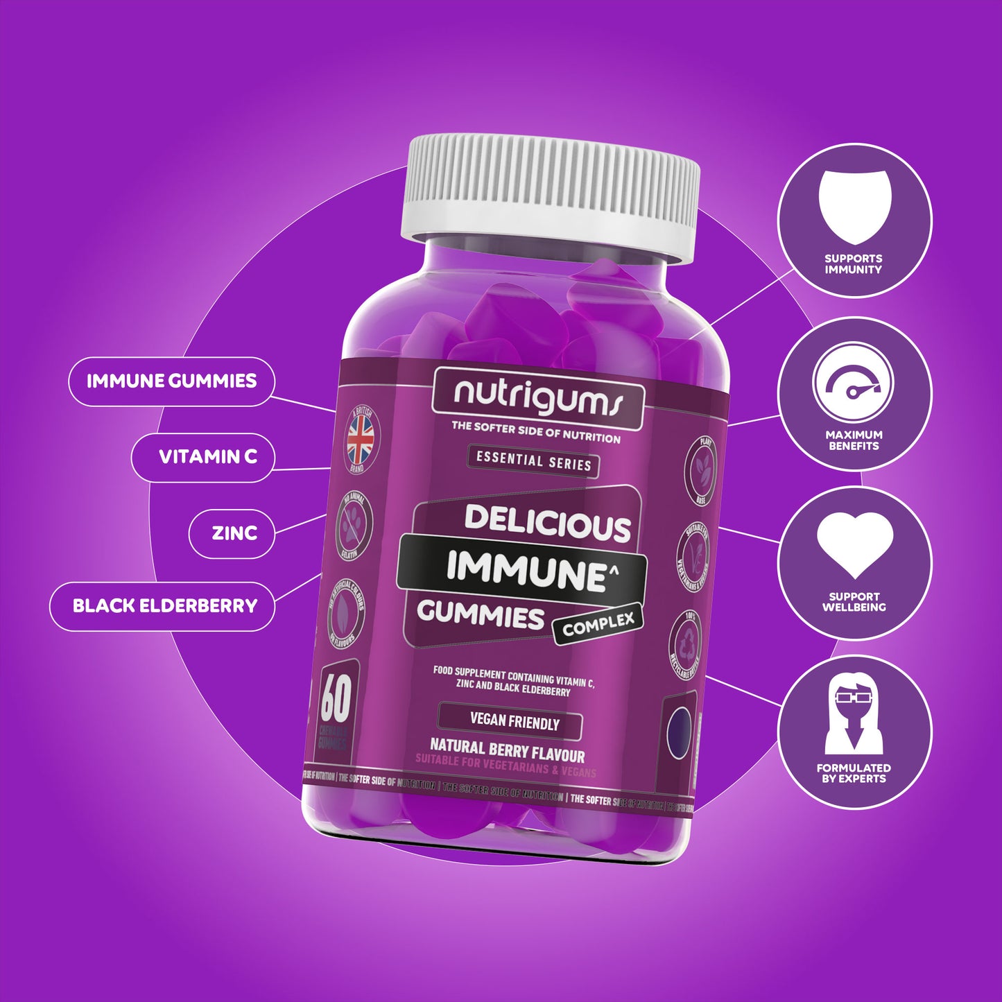 Immune Complex (Elderberry, Vitamin C and Zinc) Blueberry Flavour - 60 Vegan Gummies