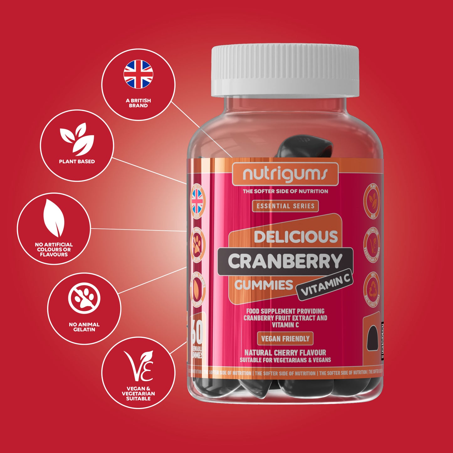 Cranberry & Vitamin C - Cherry Flavour - 60 Vegan Gummies