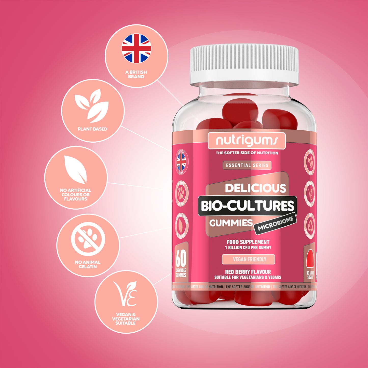 Bio-Cultures (Multi Strains) 1 Billion CFU 60 Vegan Gummies Red Berry Flavour.