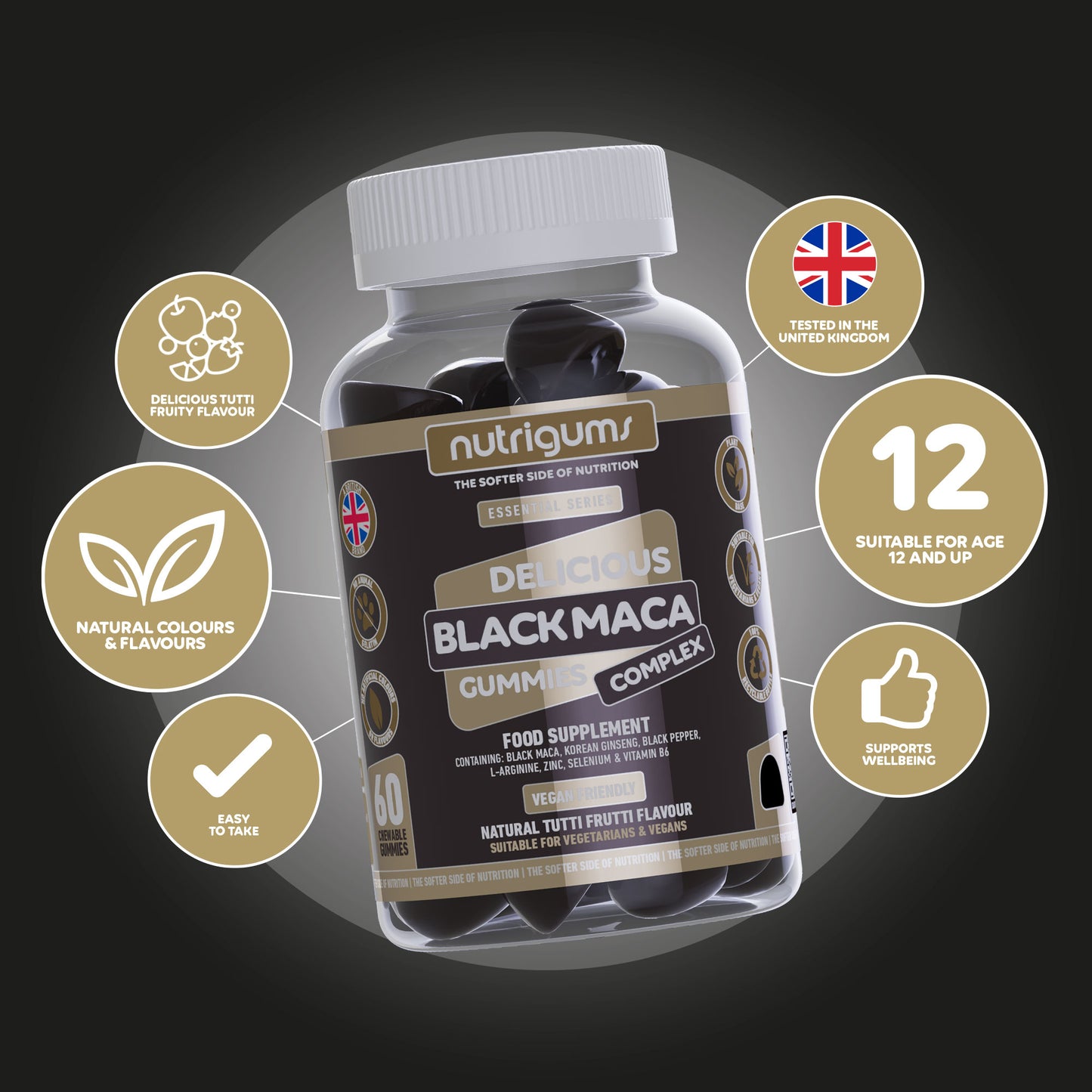 Black Maca Root Complex - Light Spiced Tutti Frutti Flavour - 60 Vegan Gummies