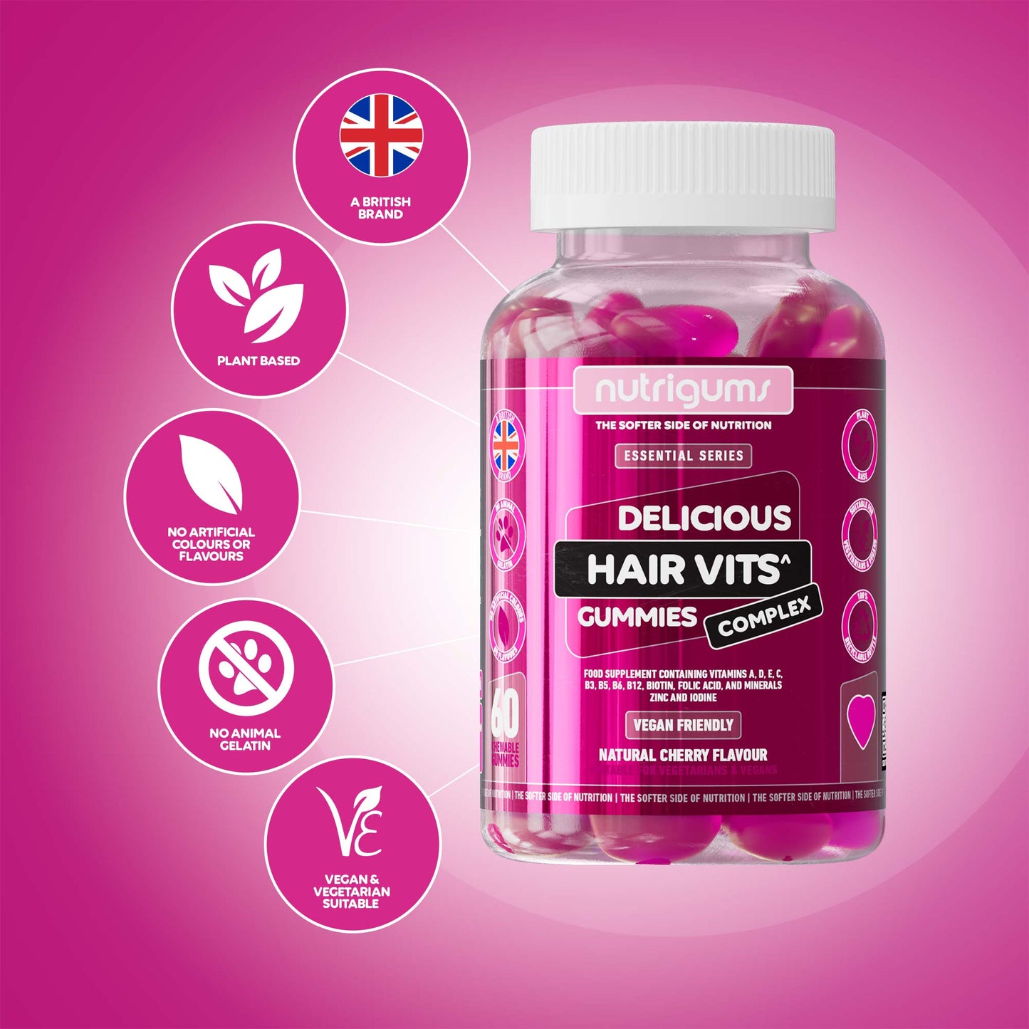 Hair Vits Biotin Complex Cherry Flavour - 60 Vegan Gummies