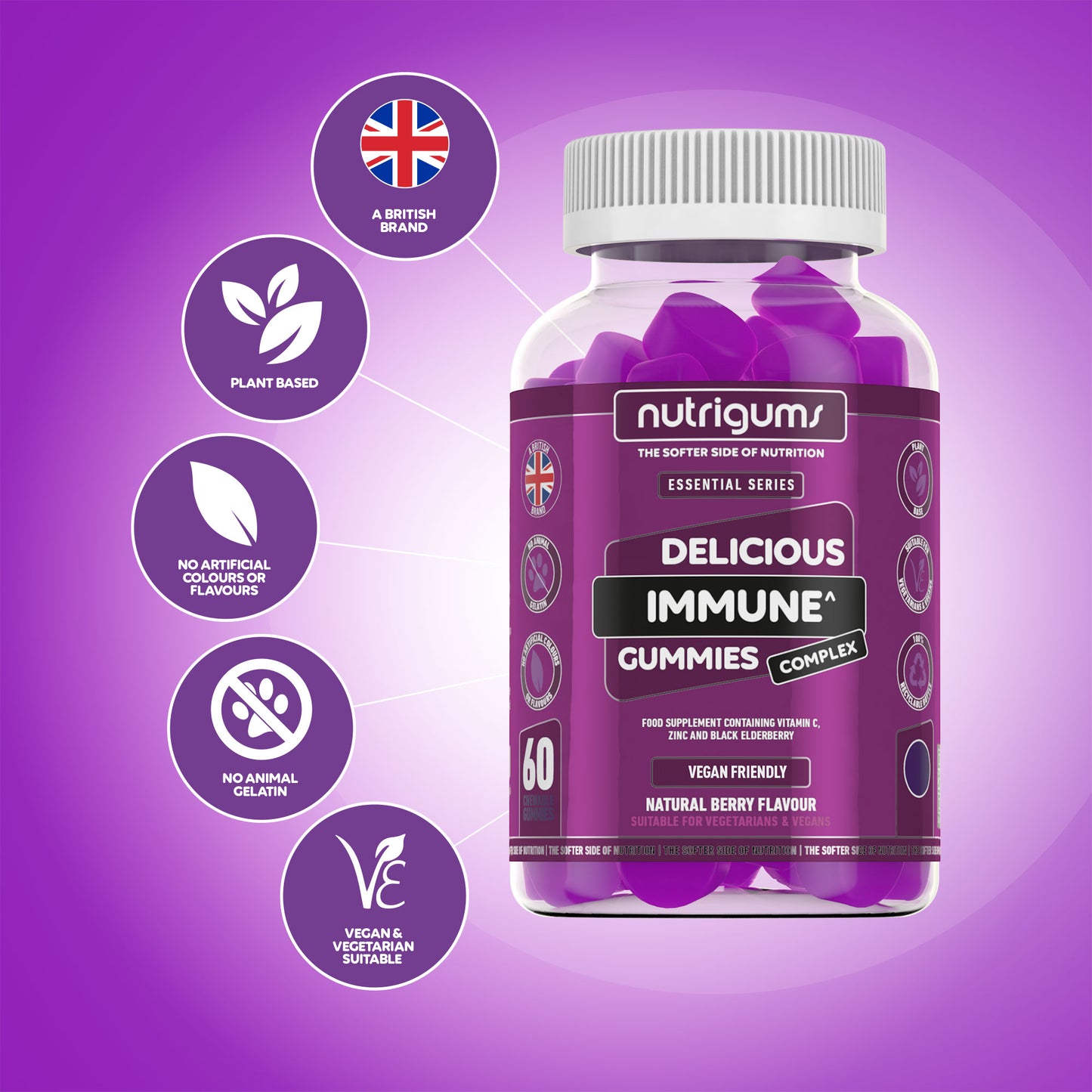 Immune Complex (Elderberry, Vitamin C and Zinc) Blueberry Flavour - 60 Vegan Gummies