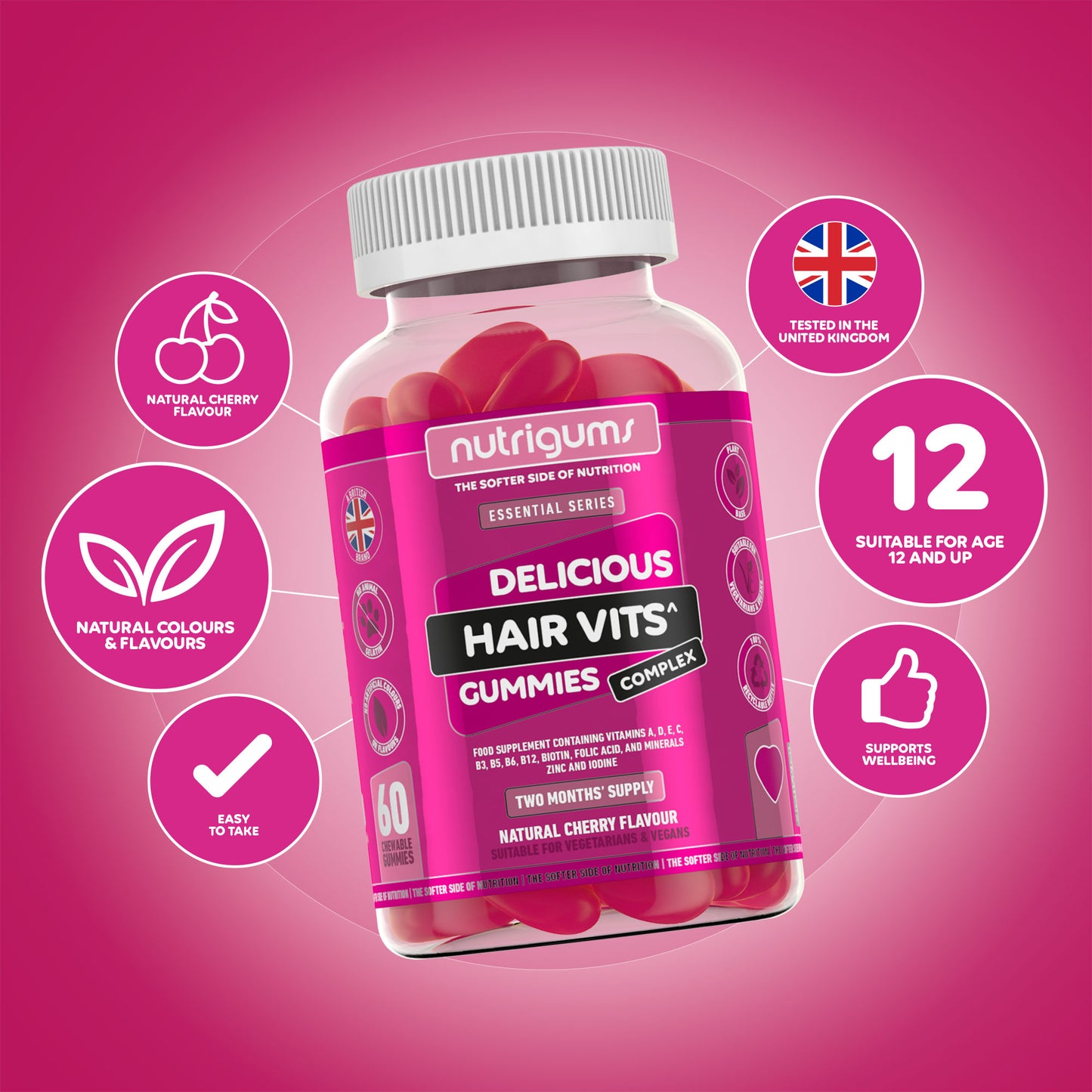 Hair Vits Biotin Complex Cherry Flavour - 60 Vegan Gummies