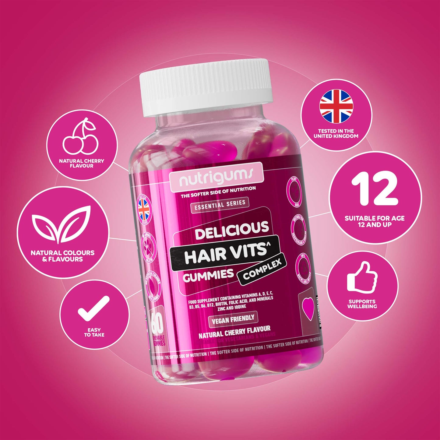 Hair Vits Biotin Complex Cherry Flavour - 60 Vegan Gummies