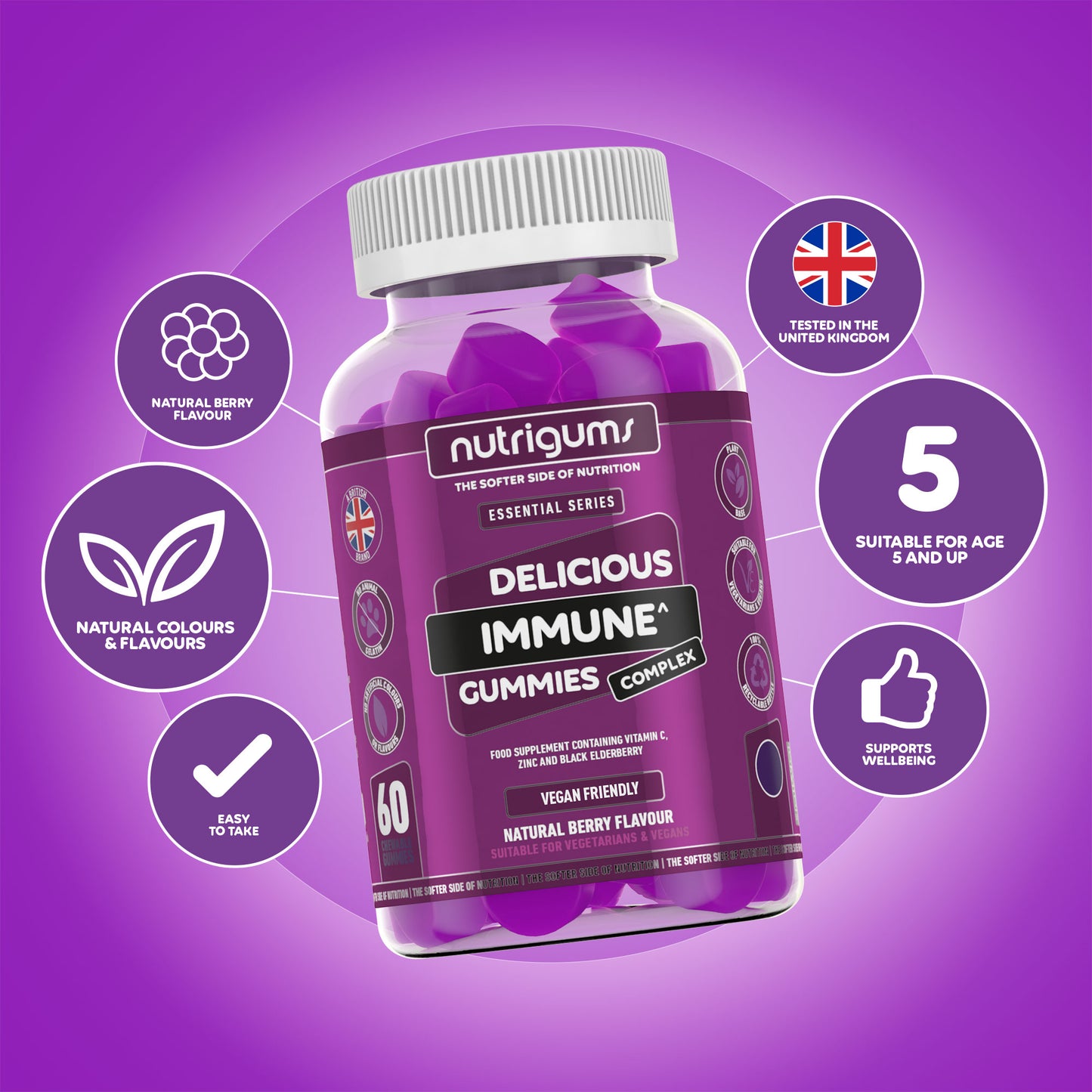 Immune Complex (Elderberry, Vitamin C and Zinc) Blueberry Flavour - 60 Vegan Gummies