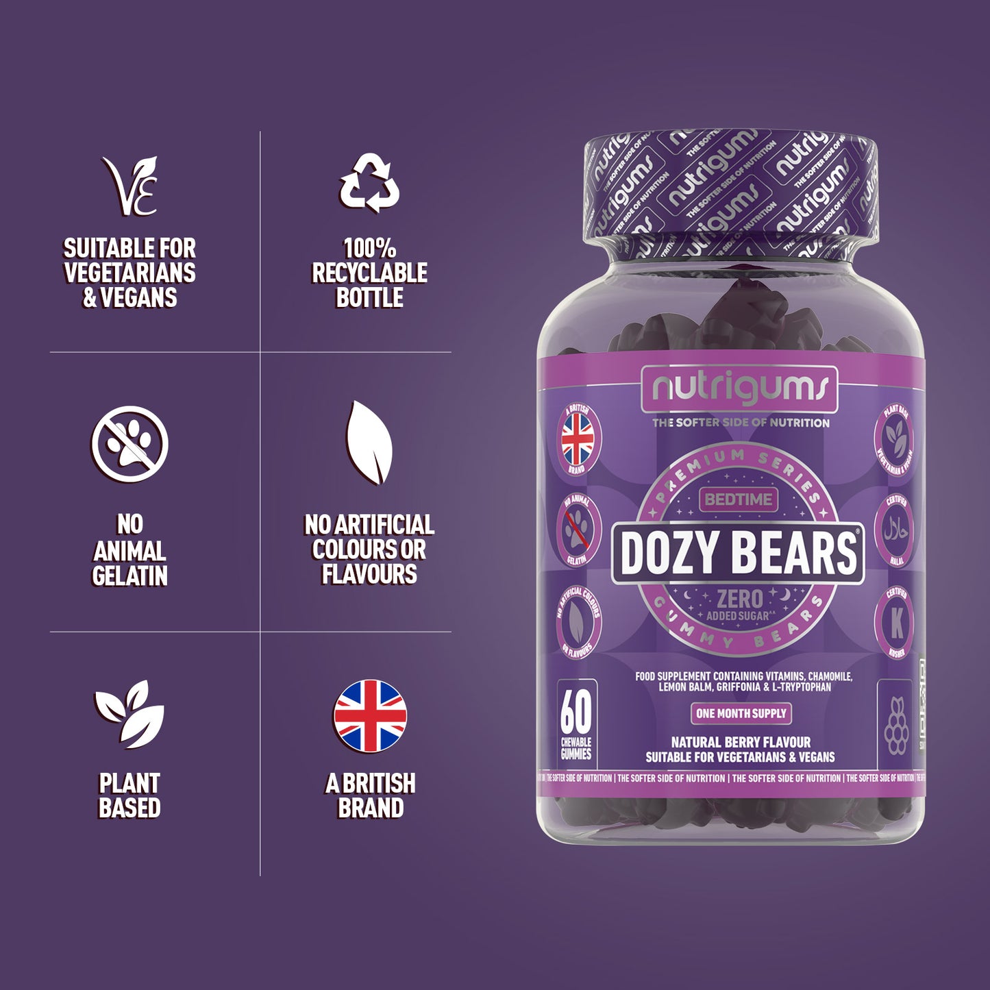 Dozy Bears (Bedtime) No Added Sugar Mixed Fruit Flavour - 60 Vegan Gummies