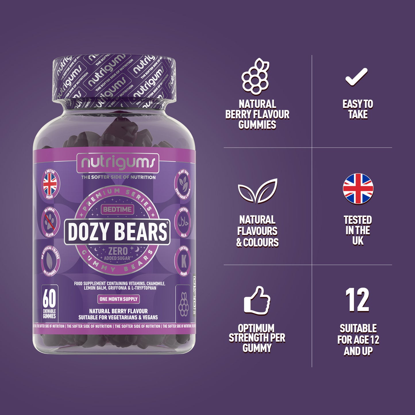 Dozy Bears (Bedtime) No Added Sugar Mixed Fruit Flavour - 60 Vegan Gummies