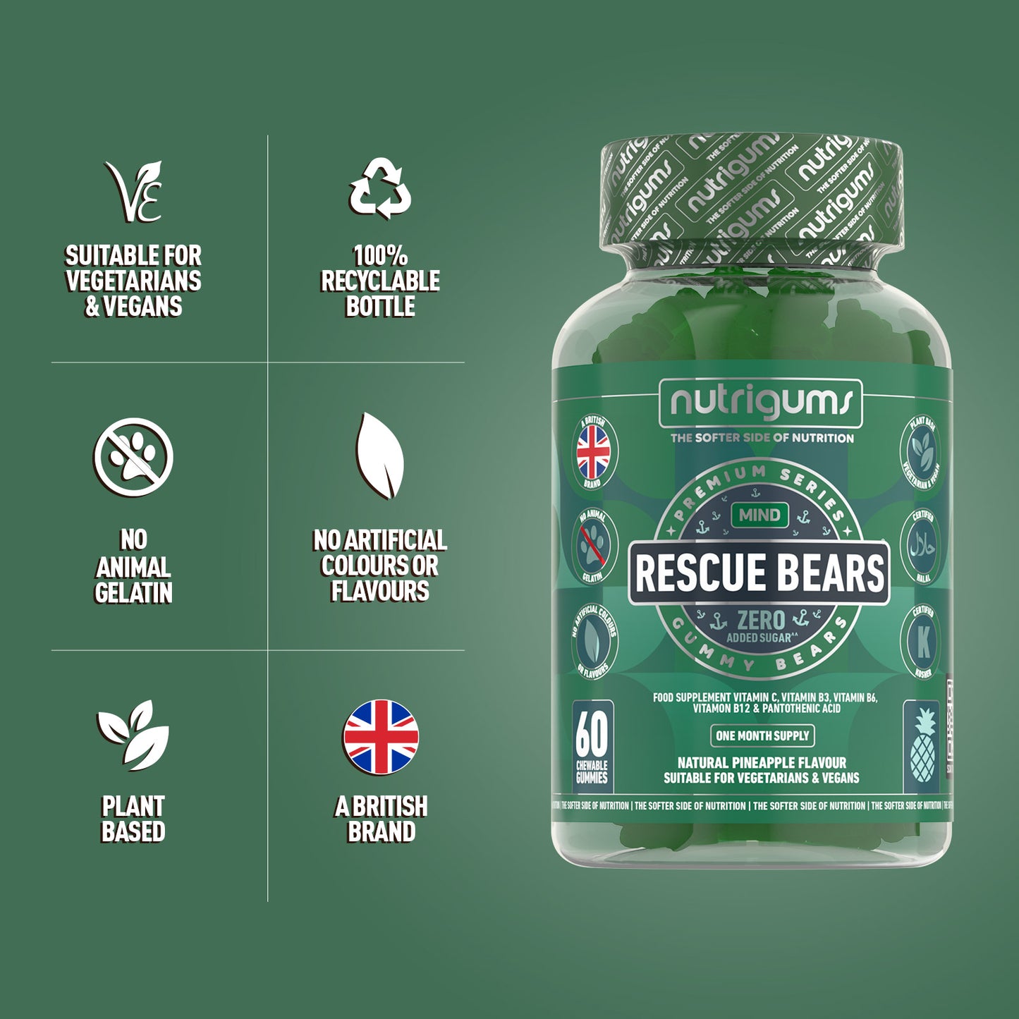 Rescue Bears (Stress & Anxiety) No Added Sugar Pineapple Flavour - 60 Vegan Gummies